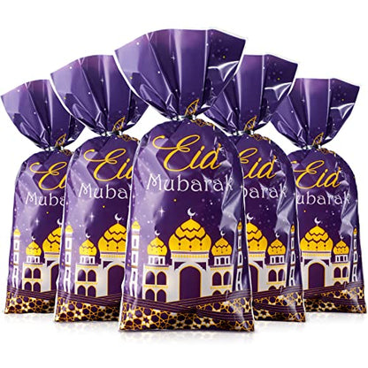 Blulu 100 Pcs Eid Mubarak Party Treat Bags, Ramadan Theme Printed Pattern Gift Cellophane Clear Plastic Goodie Favor Bags with Silver Twist Ties for Eid Mubarak Party (Purple Gold)