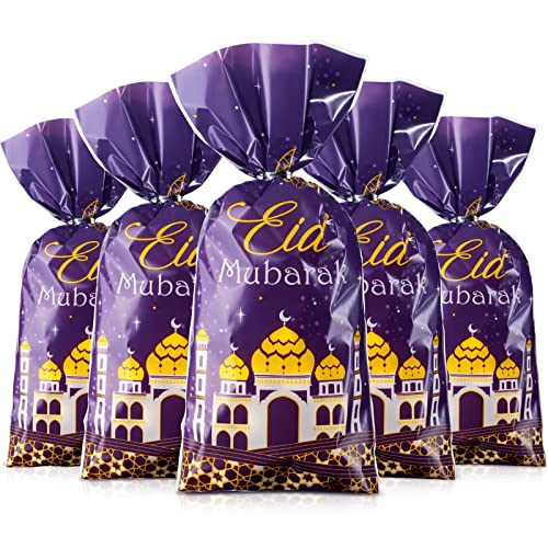 Blulu 100 Pcs Eid Mubarak Party Treat Bags, Ramadan Theme Printed Pattern Gift Cellophane Clear Plastic Goodie Favor Bags with Silver Twist Ties for Eid Mubarak Party (Purple Gold)