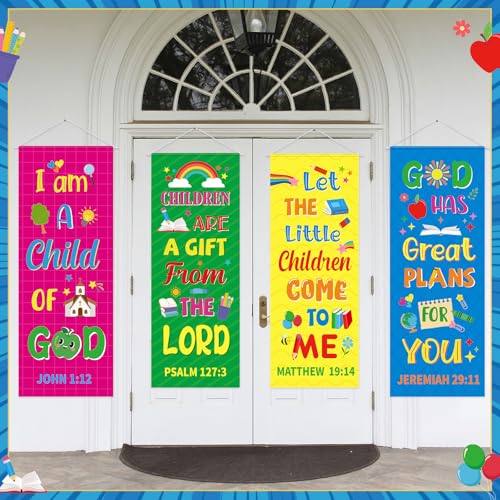 Panelee 4 Pcs Church Banners for Sanctuary Wall Rainbow Cartoon Church Banners with Scripture Inspirational Religious Praise Bible Verses Hanging Backdrop Signs for Sunday School Worship Decoration - style: Bible Cartoon