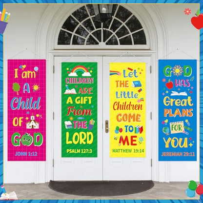 Panelee 4 Pcs Church Banners for Sanctuary Wall Rainbow Cartoon Church Banners with Scripture Inspirational Religious Praise Bible Verses Hanging Backdrop Signs for Sunday School Worship Decoration - style: Bible Cartoon