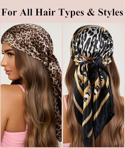AKTVSHOW Head Scarf for Women Like Silk Square Hair Scarves, Scarf Bandanas for Women 35 Inches - color: Black/Beige/Leopard Print