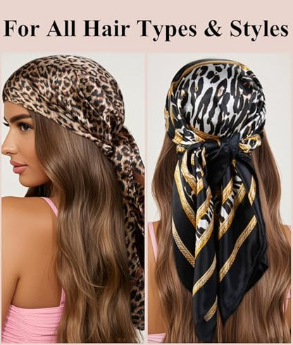 AKTVSHOW Head Scarf for Women Like Silk Square Hair Scarves, Scarf Bandanas for Women 35 Inches - color: Black/Beige/Leopard Print