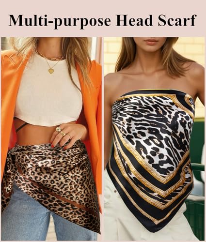 AKTVSHOW Head Scarf for Women Like Silk Square Hair Scarves, Scarf Bandanas for Women 35 Inches - color: Black/Beige/Leopard Print
