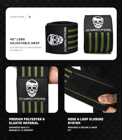 Gymreapers Weightlifting Elbow Wraps (1 Pair) - Flexible 40'' Elbow Compression Strap & Joint Support Brace - for Bench Press, Powerlifting, and Pressing - color: Green