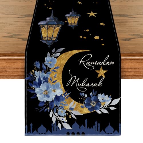 Artoid Mode Black Castle Lantern Flower Ramadan Table Runner, Seasonal Kitchen Dining Table Decoration for Home Party Decor 13x72 Inch - color: Black, size: 13" x 72", Table Runner