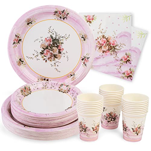 ROYAL BLUEBONNET Paper Plates and Napkins Set, Floral Design, 24 Pieces, Pink, Spring, Disposable Party Supplies - style: Pink Floral