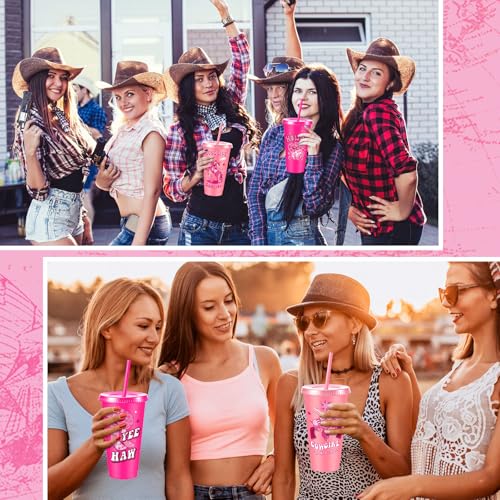 Chuangdi 12 Pcs Cowgirl Western Party Favors Pink Cowgirl Plastic Tumbler Reusable 24 oz Cups with Lids and Straws for Birthday Baby Shower Last Rodeo Party Supplies - style: Cowgirl