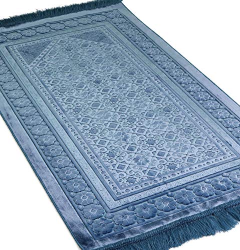 Modefa Velvet Prayer Rug - Soft Plush Turkish Janamaz Sajada Carpet for Men and Women - Plain Solid Prayer Mat Ramadan Eid Gift - with Prayer Beads - Luxury Floral Stamp (Steel Blue) - color: Steel Blue