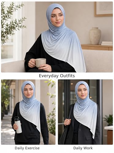Premium Stretch Cotton Gradient Scarf for Women, Soft Jersey Wrap Shawl, Lightweight Ombre Hijab for Everyday Wear - color: Mctlo2537-lightblue