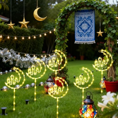 Aurelema 6 Pack Ramadan Mubarak Outdoor Decoration Lights Eid Outside Patio Pathway Landscape Lights Yard Stake Driveway Lawn Walkway Decoration Star Moon for Eid Mubarak Ramadan Party Favors Gifts