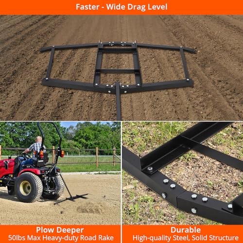 Garvee 66 Inch Wide Heavy Duty Drag Harrow – Pin Hitch, Tow Behind Landscape and Lawn Leveling Rake, Grader and Spreader for Tractors, ATVs, UTVs, Mowers – 50lbs Max Load, 35 Inch Length, for Gravel - size: 66 in