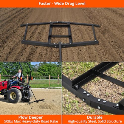 Garvee 66 Inch Wide Heavy Duty Drag Harrow – Pin Hitch, Tow Behind Landscape and Lawn Leveling Rake, Grader and Spreader for Tractors, ATVs, UTVs, Mowers – 50lbs Max Load, 35 Inch Length, for Gravel - size: 66 in