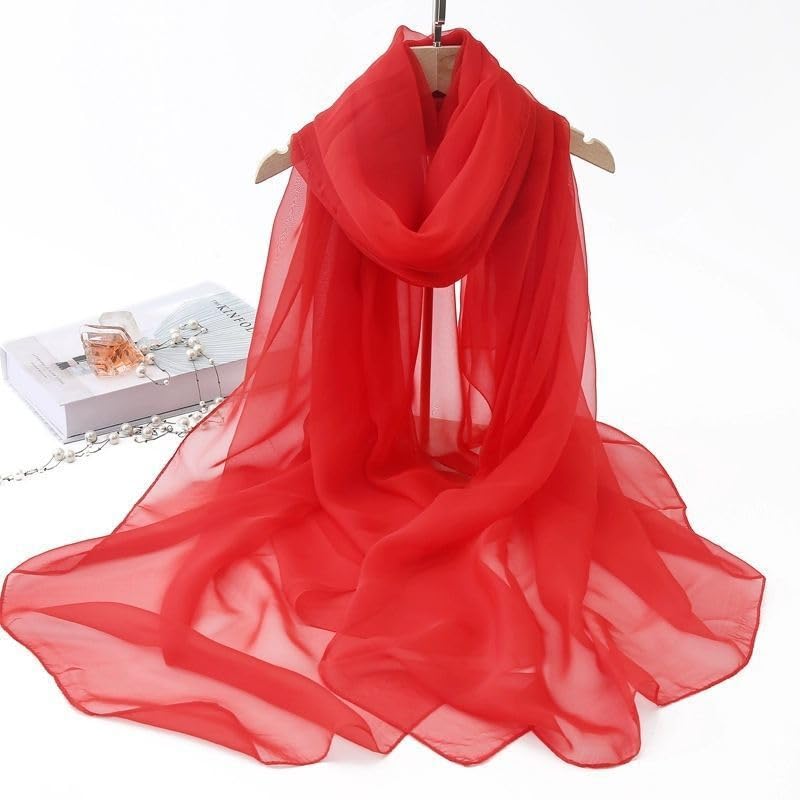 Utaly Lightweight Chiffon Scarf for Women Long Chiffon Sheer Scarf Ladies Fashion Sun-proof Shawls Wrap - color: Red