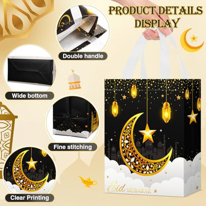 Locmeo Eid Mubarak 재사용 가능한 선물 가방 손잡이 포함 24개 - 부직포 Al Fitr 무슬림 간식 가방 다기능 라마단 무바라크 파티 용품 선물 포장 (블랙) - color: 블랙.