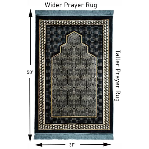 Modefa Turkish Islamic Velvet Prayer Rug - Thick & Wide Soft Carpet for Men & Women - Double Plush Large Janamaz - Eid & Ramadan Gift - with Kufi, Beads & Car Hanger - Geometric Noor (Ice Blue) - color: Ice Blue