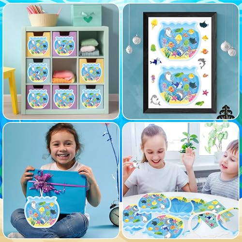 WATINC Ocean Animals Aquarium Scene DIY Fish Tank Craft Kit - Art Supplies with Glitter Sequins for Kids School Classroom (12Pcs)