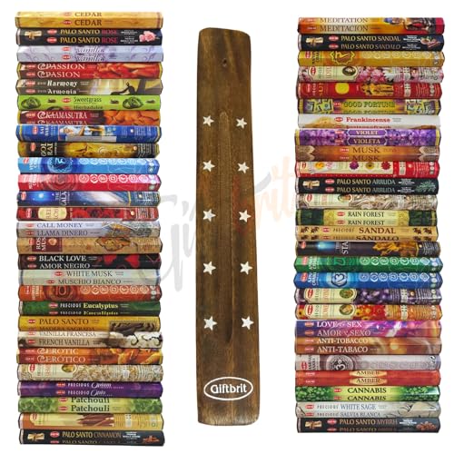 Hem Incense Sticks Variety Pack - 15 Fragrances (300 Sticks Total) - Sandalwood, Lavender, White sage & More - 1 x Giftbrit Holder - Long-Lasting Aromatherapy for Meditation, Yoga, Relaxation