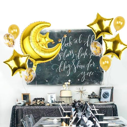10 Pcs Moon Star Foil Balloons, 36 Inch Big Jumbo Moon Mylay Balloons and 18 Inch Star Foil Balloons for Baby Shower Birthday Wedding Party Decorations (Gold)
