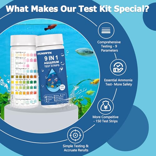 Aquarium Test Strips for Fish Tank: 9 in 1 Aquarium Water Test Kit for Freshwater - 150ct Fish Test Strips Testing Ammonia pH Nitrate Chlorine Nitrite Hardness Alkalinity Copper - size: 9 in 1 - 150 Count