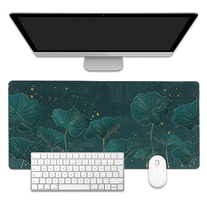 Mouse Pad,Lotus Leaves in Gold Line Desk Mat for Desktop,Desk Pad with Non-Slip Base and Stitched Edge,Extended Mousepad for Office and Home 35.4X15.7 Inch - color: Lotus Leaves in Gold Line