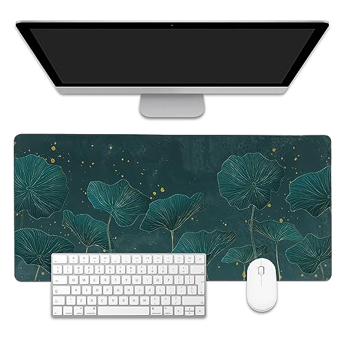 Mouse Pad,Lotus Leaves in Gold Line Desk Mat for Desktop,Desk Pad with Non-Slip Base and Stitched Edge,Extended Mousepad for Office and Home 35.4X15.7 Inch - color: Lotus Leaves in Gold Line