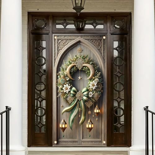 Eid Mubarak Door Cover Banner 71x35 Inch Crescent Moon and Lantern Design Islamic Festival Decoration for Ramadan Home Porch Party - color: Style 3