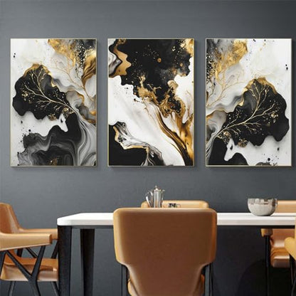 Black and Gold Leaf Wall Art - Abstract Painting With Grey and White - Modern Luxury Poster - 16x24 Inch - color: Black