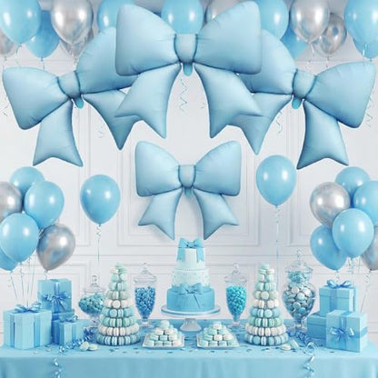 Blue Bow Balloons, 6 Pcs Large Foil for Baby Shower Gender Reveal Party - style: Blue Bow