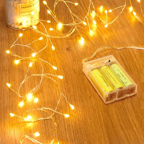 Fairy Lights Battery Operated, 60 LED Fairy String Lights Waterproof Silver Wire 5 Feet Firecracker Starry Light for DIY Wreath Home Wedding Bedroom Mason Jar Holiday Christmas Ramadan Decorations - color: Warm White