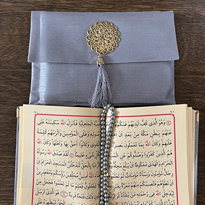 Muslim Prayer Rug, Bag & Yaseen Surah Pocket-Size Book, Bag & Prayer Beads Set I Perfect Islamic Gift I Prayer Rug Travel I Muslim for Men&Women | Luxury Islamic Gifts (1 Set, Grey) - color: Grey, size: 1 Set
