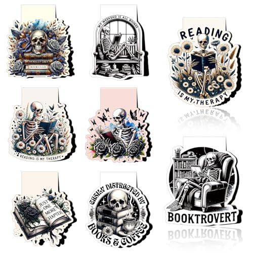 Wxiben Skeleton Reading Bookmark Magnetic - 8 Pcs Gothic Skeleton Bookmarks Magnets Horror Skull Flower Book Marks Page Magnets Marker Clip Gift for Women Men Students Teacher Book Lovers Reading - color: Skeleton Reading