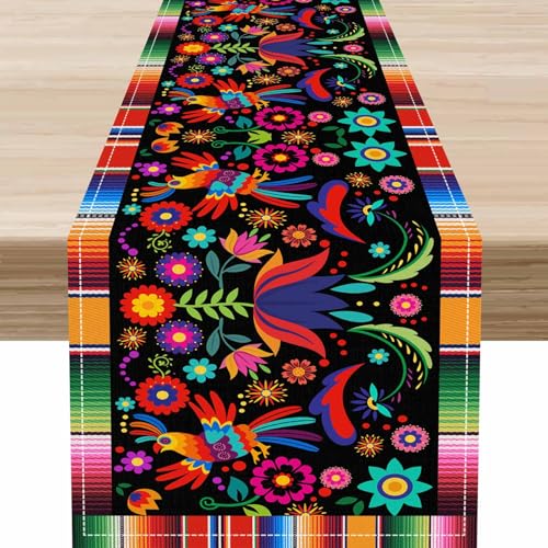 Mexican Fiesta Table Runner,Farmhouse Rustic Cinco De Mayo Dia De Los Muertos Table Runner for Day of The Dead Party Holiday Home Kitchen Dining Indoor Outdoor Decorations,13 x 36 Inch - color: Mexican Flowers-5, size: 13x36" Table Runner