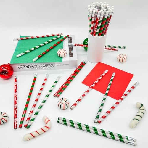 Cinrobiye 100 PCS Christmas Pencils Bulk,Christmas Candy Cane Writing Pencils with Eraser Xmas Stationery Pencil for Holiday School Party Favors Stocking Stuffers Classrooms Student Rewards - style: Pencils