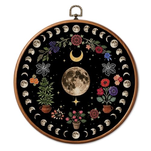 Chicimln Witchy Floral Moon Phase Round Wall Art Framed Canvas Prints, Mystical Wildflower Celestial Botanical Wall Hanging Decor for Home Bedroom Living Room 10x10 Inch - color: Boho Sun 03