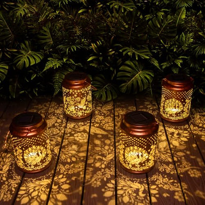YISITEONE Peacock Outdoor Solar Lanterns, Garden Waterproof Metal Hanging Decor Lights for Patio Yard Pathway Lawn Front Porch, Birthday Gardening Gifts for Women Mom Grandma - style: Peacock
