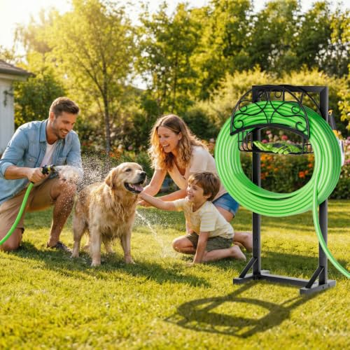 Heavy-Duty Garden Hose Holder with Storage Basket and Tool Hooks, Stable Freestanding Hose Stand Holds 160Ft, Metal Hose Hanger, Rustproof Water Hose Holder Storage for Outside,Yard,Lawn,Farm - color: Matte Black