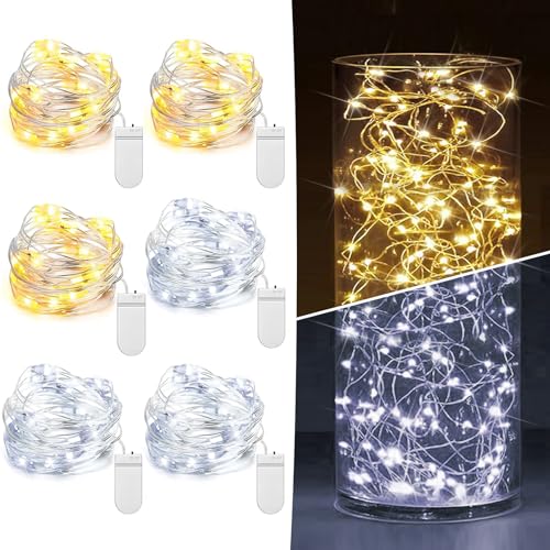 6 Pack Fairy Lights Battery Operated 7ft 20 LED Mini String Lights Twinkle Lights Silver Wire Firefly Starry Lights for Mason Jars Wedding Party Christmas Centerpiece Decor, Warm White & Cool Whtie - color: Warm White + Cool White, size: [6 Pack] 7 Feet 2