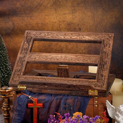 Adjustable Wooden Bible Stand Carved Missal Stand Holder Folding Display 10 x 13 Inch Book Holder for Bibles Books Reading Religious Prayer
