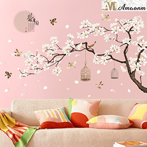 Chinese Style White Flowers Black Tree and Flying Birds Wall Stickers Removable DIY Wall Art Decor Decals Murals for Offices Home Walls Bedroom Study Room Wall Decaoration, 50inchx74inch - color: L