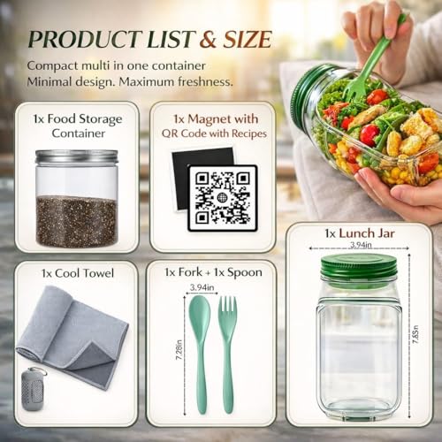 Salad Jar with Side Opening, 35oz Leakproof Salad Container with Dressing Cup, Reusable Cutlery & Cleaning Cloth, BPA-Free Tritan Lunch Jar for Meal Prep, Office, Gym, Travel & Healthy Lunches