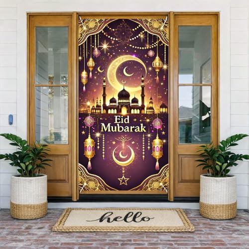 1PC 2D Flat Eid Mubarak Banner Crescent Moon Mosque and Lanterns Wall Decor for Ramadan Eid Festival Celebration Muslim Entryway Home Entryway Door Hanging Decoration - color: Colorful Banner#05
