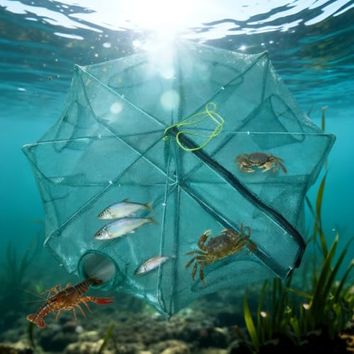 8 Hole 8 Side Foldable Fishing Net - Ideal for Fish, Crab, Shrimp & Crawdad | 32" Expanded Large Space with 6m Nylon Rope, Portable & Easy to Store