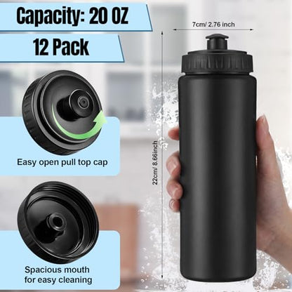 LemonRoad 12 Pack Squeeze Water Bottles Reusable 20 oz Plastic Sports Water Bottle with Pull Top Lid, Bike Cycling Gym Sport, Dishwasher Safe (Black) - color: Black