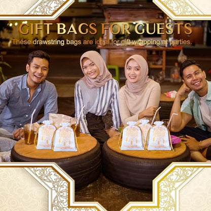 Coume 100 Pcs Eid Ramadan Mubarak Satin Gift Bags with Drawstring 5 x 7 Inch Silk Eid Party Favor Jewelry Pouches for Ramadan Supplies Candy Bags Muslim Party Decoration