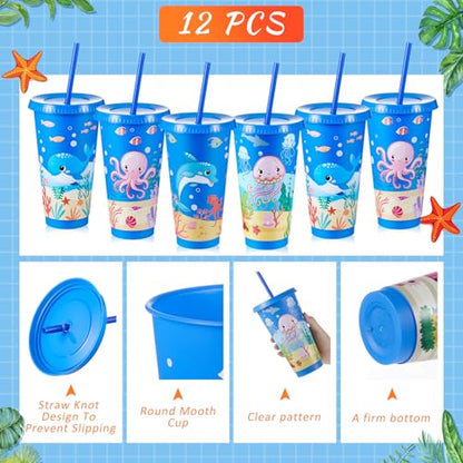 Chuangdi 12 Pcs Under The Sea Party Cups 24 oz Reusable Plastic Tumblers with Lids and Straws Themed Drinking Cups for Birthday Decorations Ocean Sea Party Favors Supplies Gifts - style: Sea