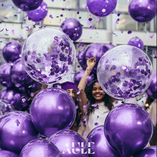 AULE Party Balloons Pack of 42 - Metallic Balloons & Confetti Balloons and 64ft Ribbons - 12 Inch Purple Balloons Decorations Set - color: Purple