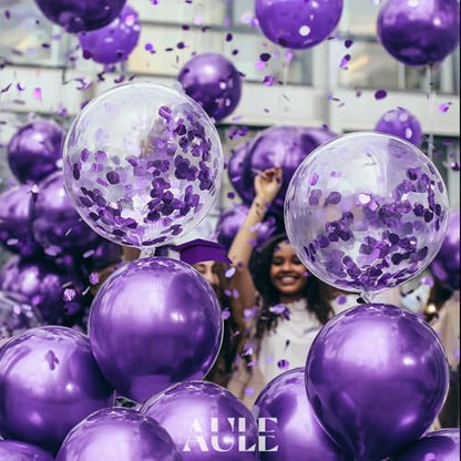 AULE Party Balloons Pack of 42 - Metallic Balloons & Confetti Balloons and 64ft Ribbons - 12 Inch Purple Balloons Decorations Set - color: Purple