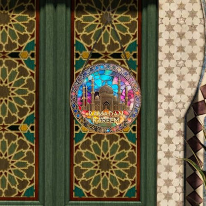 KYMY Ramadan Kareem Hanging Ornament, Acrylic Muslim Islamic Arabic Round Door Pendant, Mosque Ramadan Mubarak Elegant Islamic Hanging Decorations for Arabic Eid Mubarak Wall Door Window Home Office