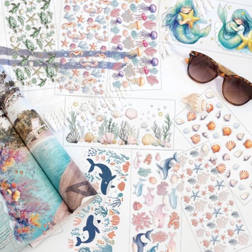 arricraft 10 Pcs Colorful Ocean Animals Theme Cup Printing UV Transfer Papers, 10 Styles Seahorses Seaweed Jellyfish Dolphins Turtles UV DTF Cup Wrap Stickers for 16 OZ Glass Cups Crafts 9.5x4.3inch - style: Colorful Ocean Animals Theme