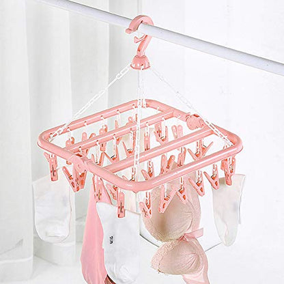 SteelFever Clothes Drying Hanger with 32 Clips, Foldable Hanging Drying Rack for Clothes Underwear Socks (Light Pink) - color: Light Pink